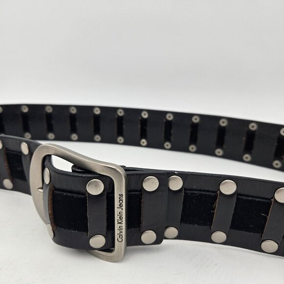 Calvin Klein Jeans Black Studded Faux Leather Suede Belt Black Silver 40 Inch L - Picture 3 of 7